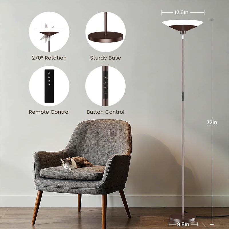 SIBRILLE Brown Torchiere Floor Lamp - 30W Dimmable LED Standing Lamp with Remote, 4 Color Temps, Stepless Dimming, 3000-6500K, 1800LM, 72in Tall Floor Light for Office Bedroom Living Room Corner - Image 2
